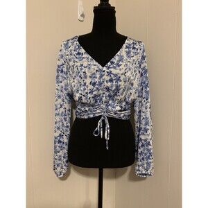 H&M Womens Floral Long Sleeve Top Size Small S Smocked Tie Waist Semi Sheer